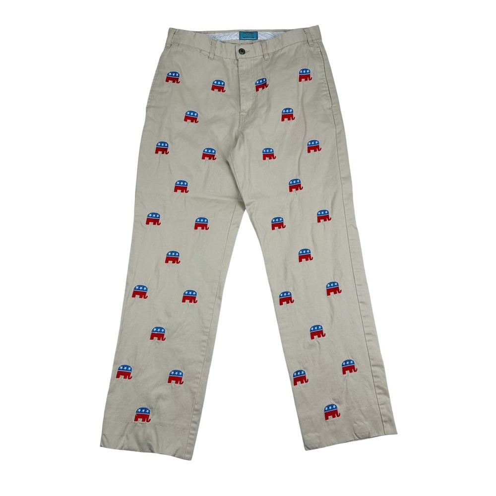 Castaway Nantucket Island GOP Elephant Embroidered Chino Pants Mens 32x30 Khaki